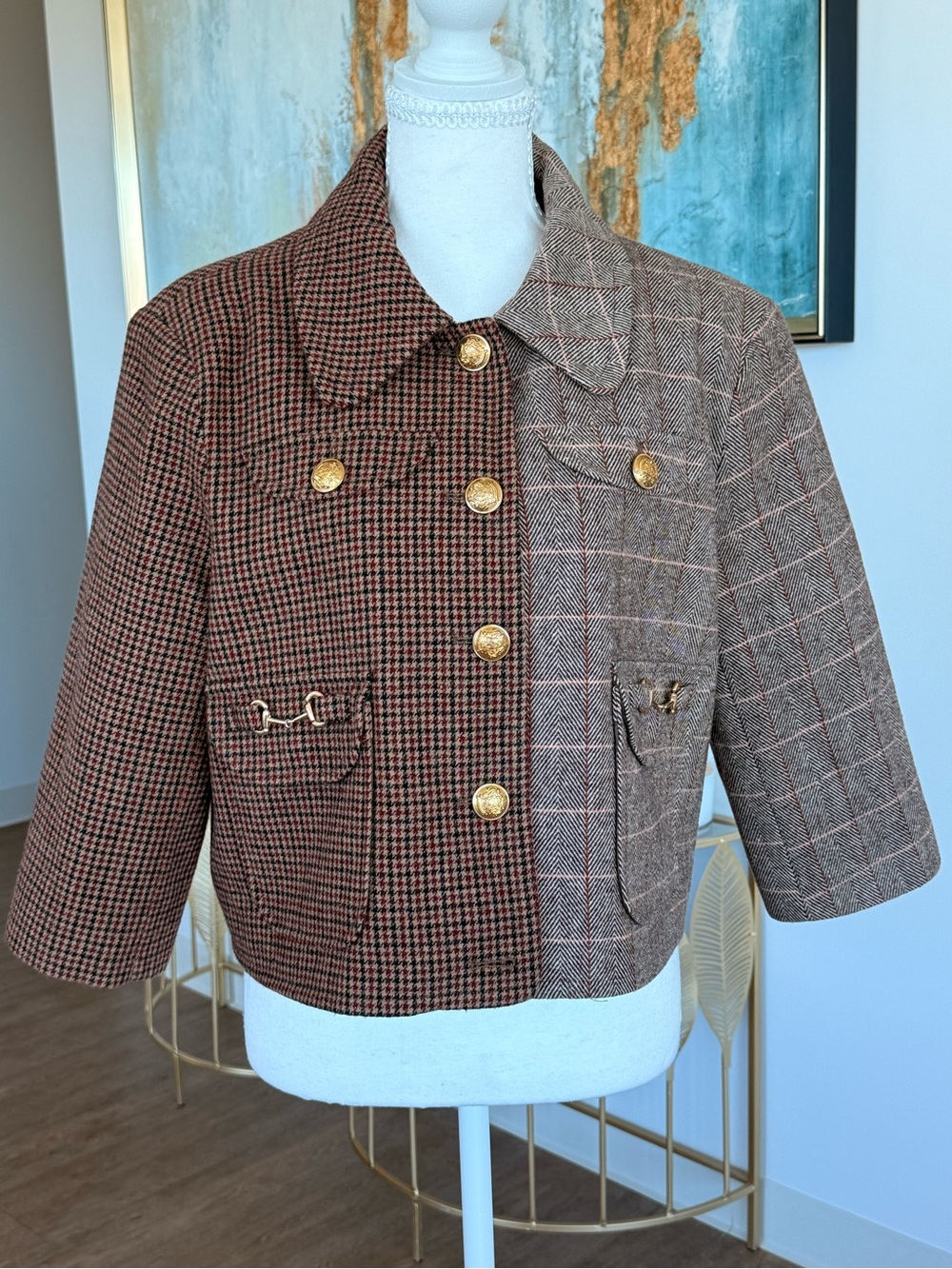 Two-Tone Plaid Cropped Blazer with Gold Buttons - Brown